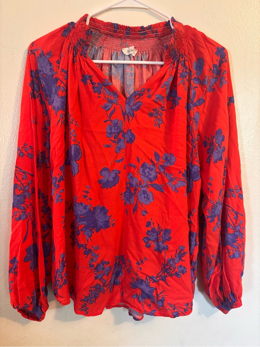 BUCKETLIST Red Floral V-Neck Peasant Blouse with Purple Print